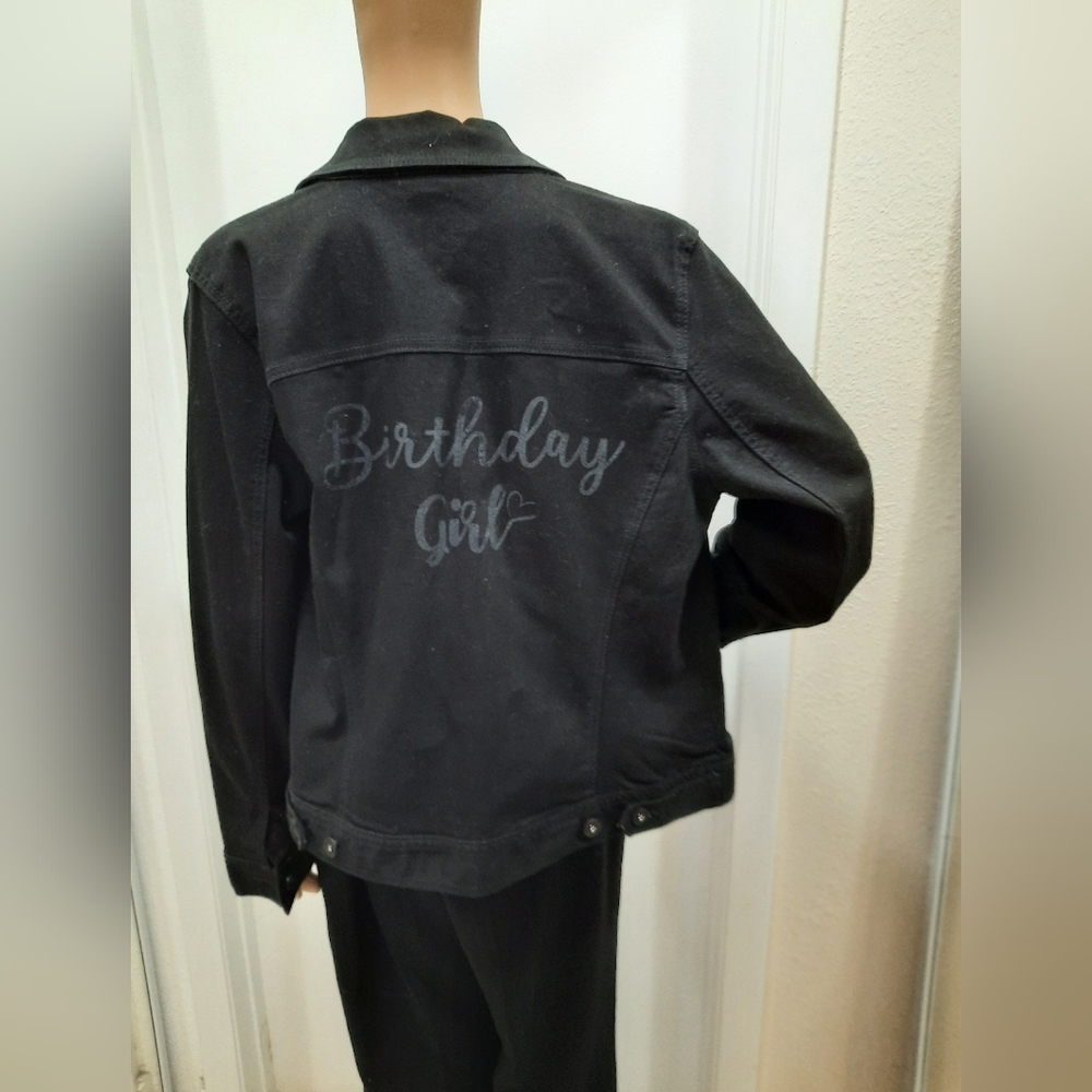 "Birthday Girl" Black Denim Jacket Size L Large Women Style & Co